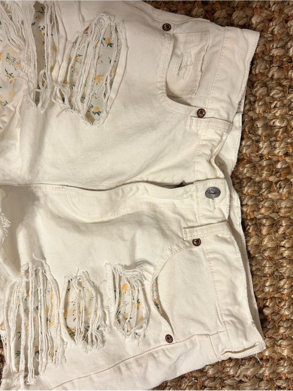 American Eagle Outfitters White Distressed Floral Lined Denim Shorts